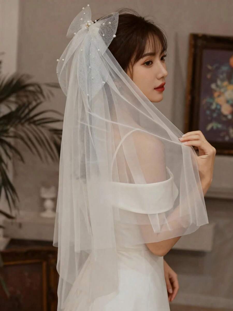 1件装女士白色优雅蝴蝶面纱，新娘婚礼头饰，情人节配饰 - 白色 - 查看 1