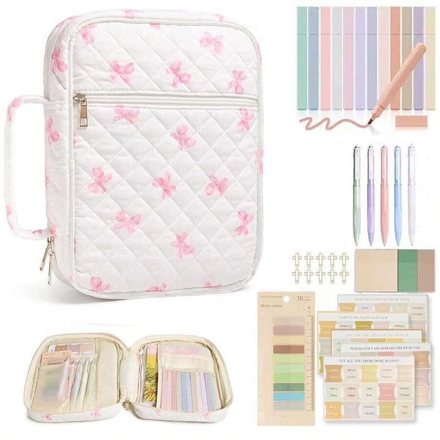 Bible Cover Case For Women Grils, Preppy Bible Bag With Adjustable Shoulder Strap, Waterproof Bible Carrying Tote Bags Holder For Bible Study Supplies Accessories & Christian Gifts - 粉紅色蝴蝶 - 查看 1