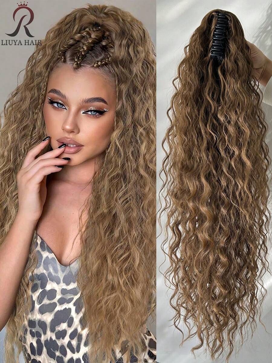 Tóc giả đuôi ngựa dài 30 inch, kiểu gợn sóng xoăn, sợi tổng hợp nhiều lớp chịu nhiệt, tóc giả sợi chịu nhiệt gợn sóng xoăn, unisex, dễ đeo, màu đen nâu, phù hợp cho tiệc tùng và tạo kiểu hàng ngày, phù hợp với mọi tông da, kiểu cơ bản, sợi chịu nhiệt cao, vẻ ngoài tự nhiên.