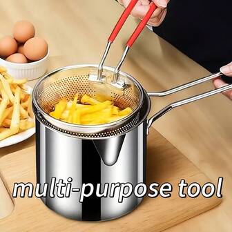 1 Set Stainless Steel Deep Fryer, Suitable For Frying Fries, Boiling Noodles, Home Use & Gatherings, Stainless Steel Mini Oil Pot With Filter Net And Single Handle