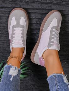 Spring/Autumn New Fashion Pink Flat Versatile Round Toe Lace-Up Casual Sneakers For Women, Preppy Style - Pink - View 12
