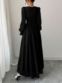 Women's Elegant French Style High Waist Long Sleeve Dress, Autumn - Matte Black - View 2