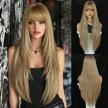 AKAKO 女士超长分层亚麻金色假发 - 蓬松合成假发，带深色刘海和发根，自然外观耐热纤维假发，深色哥特式时尚假发，适合日常派对、情人节音乐节和万圣节角色扮演使用，32 英寸 - 亞麻金 - 查看 11