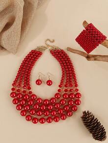 夸张多层蒲公英手工串珠仿珍珠项链、手链和耳环三件套，复古波西米亚风 - 紅色 - 查看 4