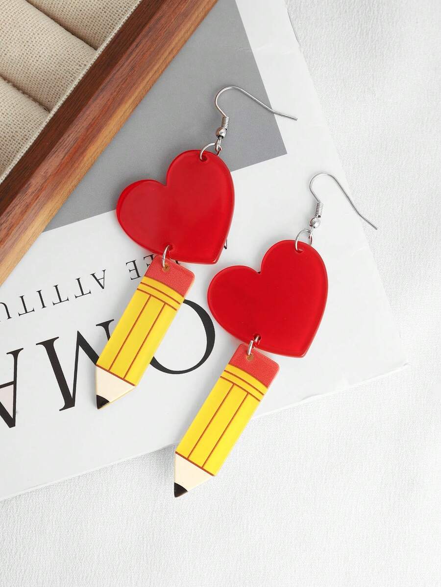 1 Pair Casual Cute Cartoon Pencil & Red Heart Shaped Earrings, Fashion Minimalist Design For Back To School, Teacher's Day - Heart-shaped Pencil - View 1