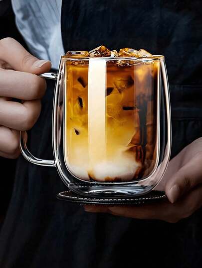 1pc Minimalist Lightweight Double-Layer Insulated Glass Coffee Cup - With Handle, Double-Layer Heat-Resistant Glass Cup, Creative Insulated Water Bottle, Cold Drink Milk Cup, Juice Cup, Mug, Transparent, With Portable Handle, Suitable For Cappuccino, Latte, Tea, Hot & Cold Beverages, Coffee Cup, Transparent Glass Cup, Gift For Women, Gift For Men, Holiday Party Gift