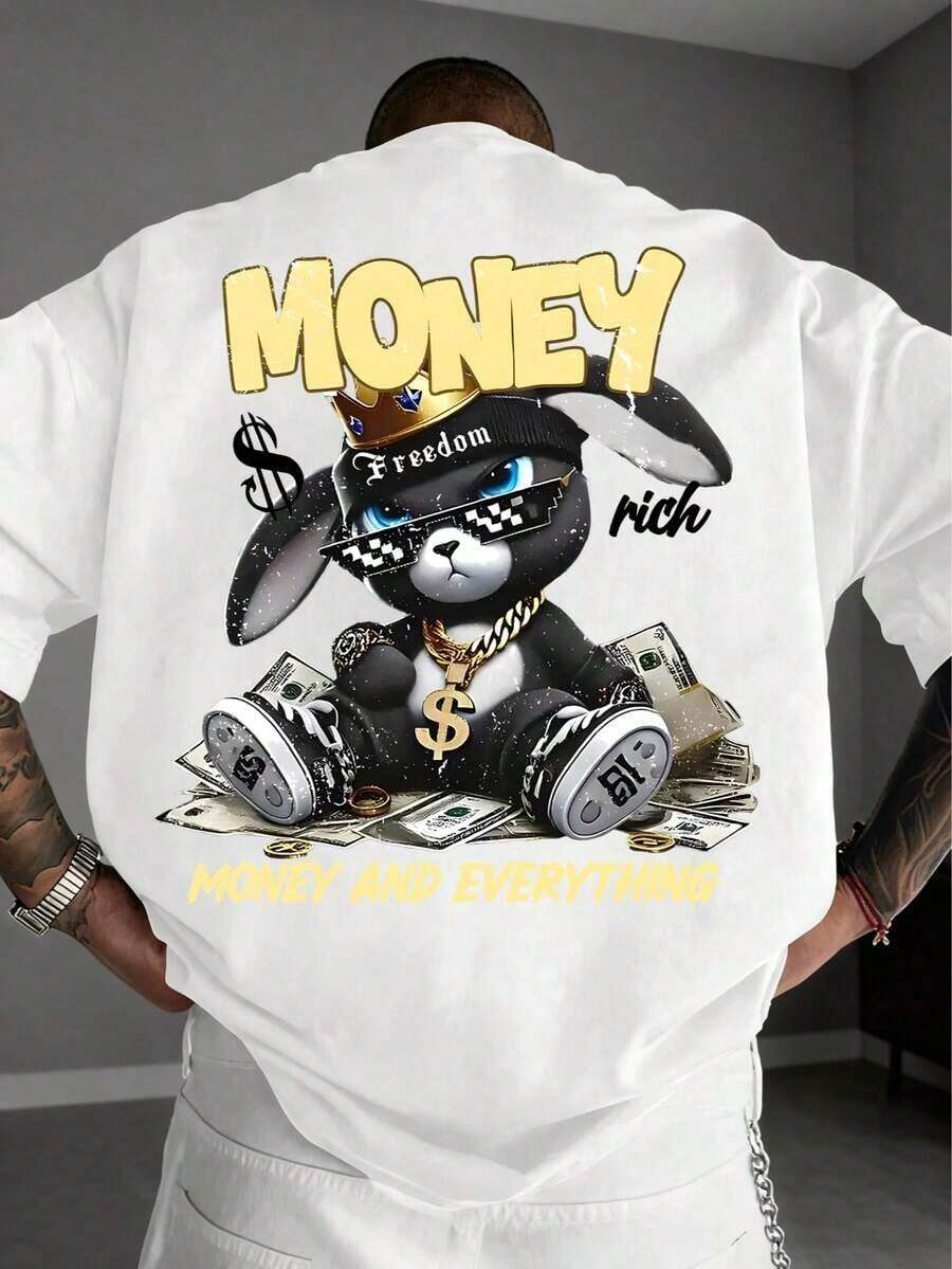 Street Fashion! Men's Short Sleeve T-Shirt With Printed Rabbit Design - White - View 1