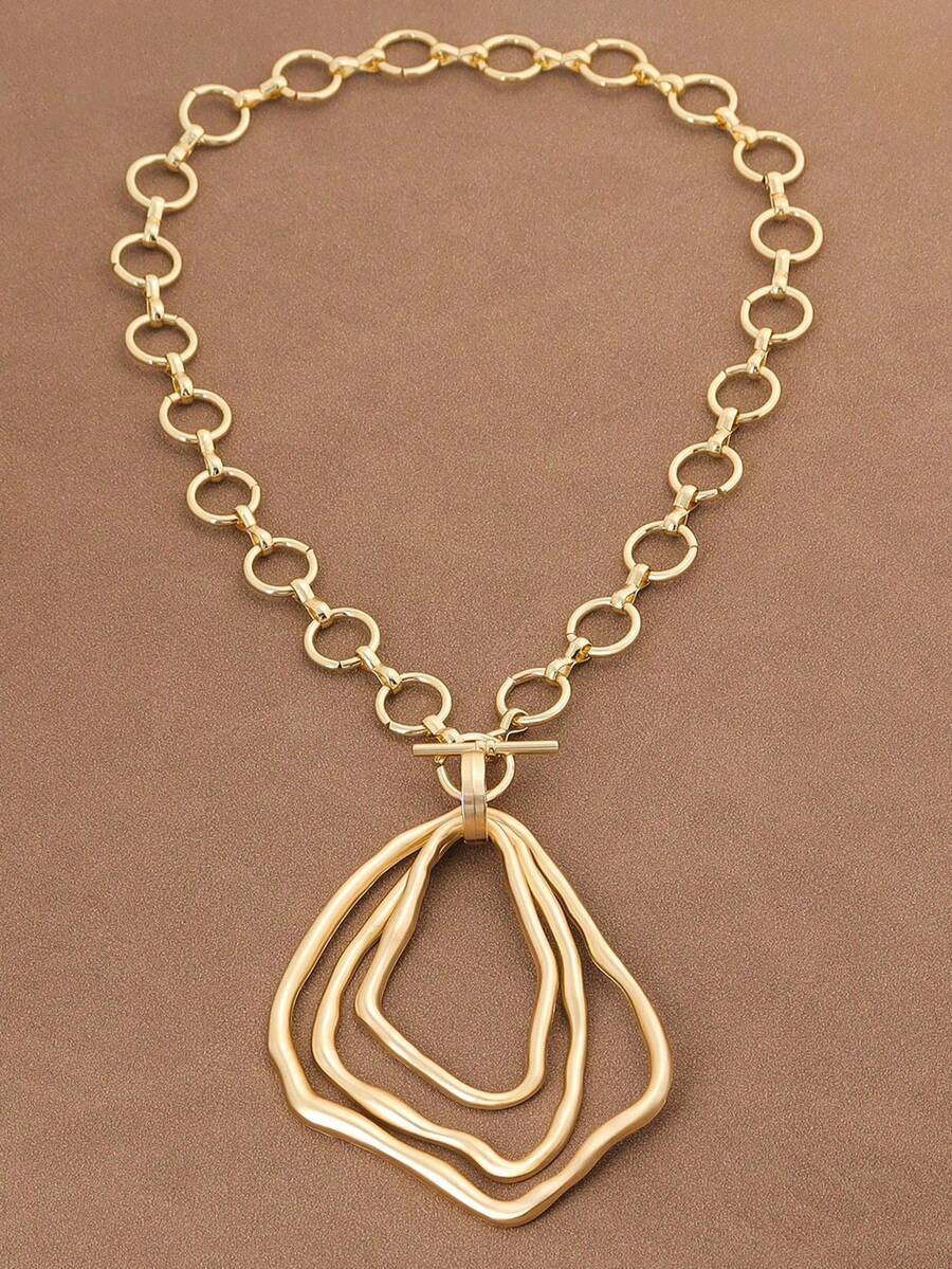 SUPBORA 1pc Fashion Matte Gold/Silver Color Asymmetrical Open Hollow Square Shape Pendant Chunky Chain Statement Necklace Suitable For Women's Daily Wear 18" - Circles - View 1