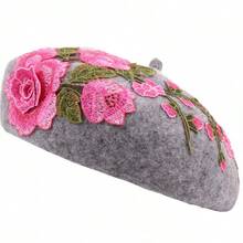 1 Pc Stylish Artistic Beret For Fall & Winter Boasting  Flair And Delicate Hand-Applied Floral Details - Hoa màu tím với mũ beret màu tím - Xem 6