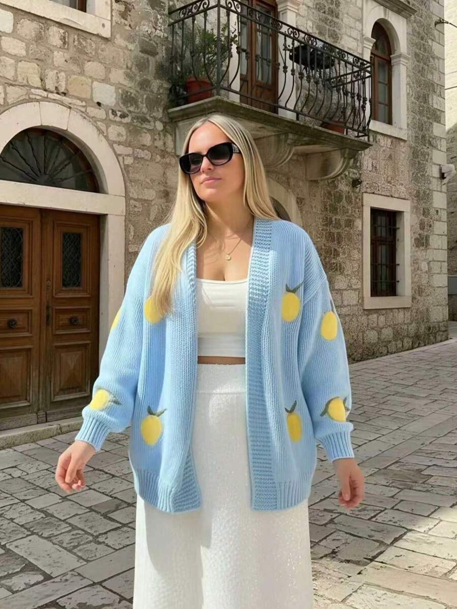 大码女士秋冬时尚 V 领长袖针织开衫，采用芒果提花拼色设计，非常适合甜美休闲的日常穿着和校服。 - 彩色 - 查看 1