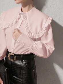 Elegant Women's Solid Color Peter Pan Collar Bishop Sleeve & Ruffle Detail Fashion Long Sleeve Blouse, Versatile For Commute, Casual, Minimalist, Spring/Summer/Autumn/Winter, Suitable For New Year, New Year's Eve, Valentine's Day, Date, Party, Business Office, Romantic Valentine's Day - Baby Pink - View 6