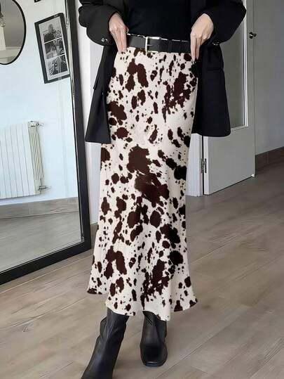 Women's Casual Elegant A-Line Midi Skirt, Unique Cow Print Pattern, Non-Stretch Polyester Fabric
