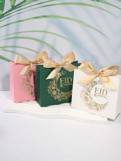 10pcs Eid Mubarak Floral Wreath Gift Bag With Satin Bow, Elegant Paper Favor Bag For Eid Party Decorations, Ramadan Celebration Packaging, Treat Gift Storage Bag For Guests, Reusable Festival Thank-You Bag, Premium Floral Design In Pink Green White For Holiday Events, DIY Gifting & Return Favors