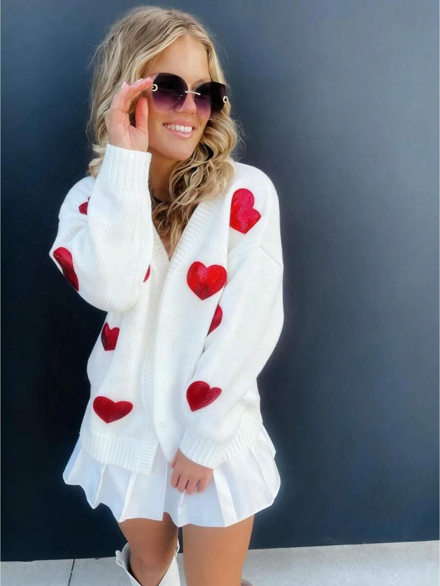 Valentine's Day Heart Cardigan For Women Cute Oversized Open Front Long Cardigan Tops Knit Long Sleeve Button Sweater Shirts - 白色 - 查看 1