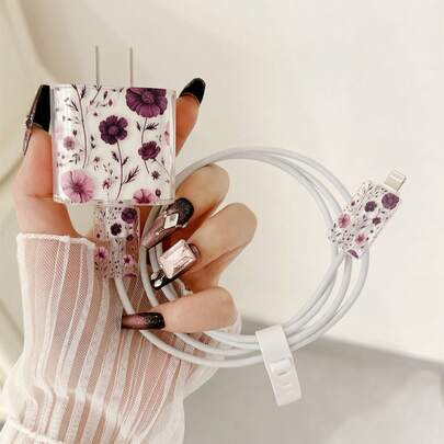 4 piezas Funda protectora de cargador con patrón floral de TPU, compatible con iPhone 13/14/15, se adapta a adaptador de 18W/20W - Incluye cable y tapa de conector, regalo ideal