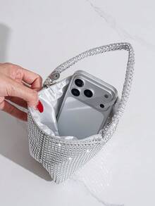 Mini Party Clutch Bag With Rhinestone Decor, Elegant Handbag For Attending Events, Sophisticated Wristlet Purse, Versatile Fashion Small Handbag - Silver - View 10