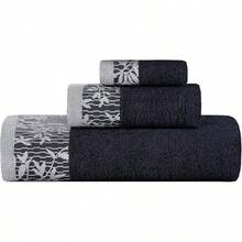 SUPERIOR Juego de Toallas de algodón de 3 Piezas, Borde Floral Jacquard Dobby, Felpa de Secado rápido, baño Decorativo, Ducha, baño, Incluye 1 Cuerpo, 1 Mano, 1 Toalla de Rostro, colección Wisteria, - Negro - Ver 9