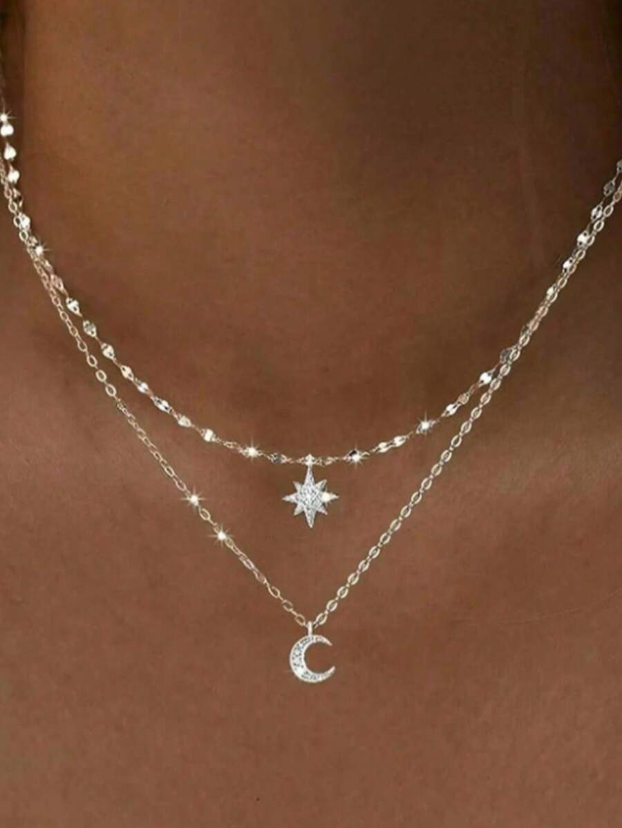 Kalung Liontin Berlian Imitasi Emas Wanita, Desain Unik Gaya Eropa dan Amerika, Cocok untuk Pemakaian Sehari-hari dan Acara Kencan - Perak - View 1