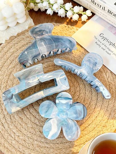 4个/套大理石纹发夹 - 强力抓力发爪，适合浓密头发，可爱Y2K波浪发夹，夏季甜美盘发配饰，适合上学和海滩，优雅爪夹，度假必备