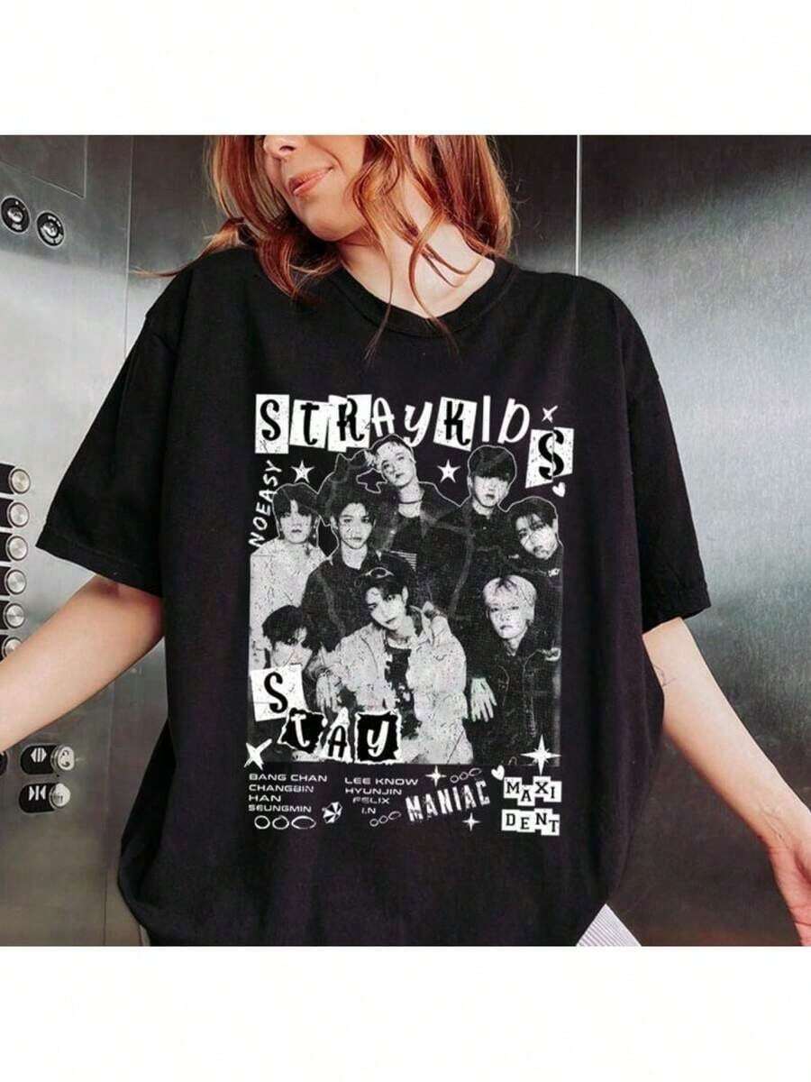 Stray Retro Pattern-Shirt-DominATE Around SKZ Band,% Cotton Men's And Women's Crew Neck Short Sleeve Casual Shirt, Bold Member Photos And Text Printing, All Season Comfortable, Washable, Music Lovers Exclusive, High Quality Sewing, Fashion Style 220g QJXZ - màu đen - Xem 1