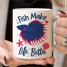 1pc 11oz Fish Make Life Betta Ceramic Mug - Blue & Red Betta Fish (Betta Fish) Design Coffee Tea Cup With Black & Lid-Like Glossy Edges, Microwave & Dishwasher, Aquarium-Themed Fish Lovers, Pet Owners, Birthdays - trắng - Xem 6