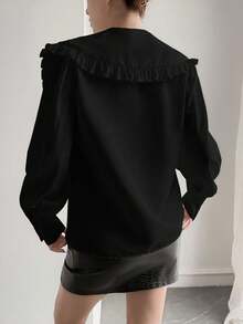 Women's Elegant Solid Color Ruffle Collar Long Sleeve Blouse, Suitable For Dates, Parties, Business, Casual, Valentine's Day - Black - View 7