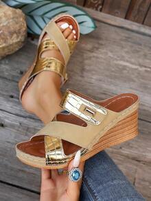 Women's Wedge Slide Sandals, New Summer Metal Patchwork Casual Slippers - Gold - View 3