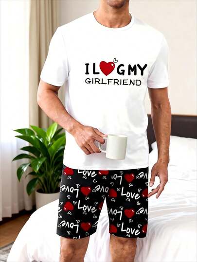 两件套浪漫情人节男士睡衣套装，心形字母印花睡衣上衣和短裤