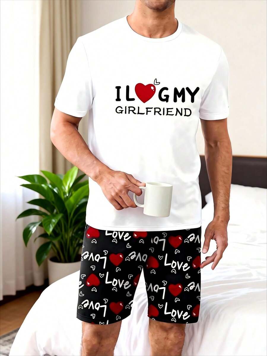 两件套浪漫情人节男士睡衣套装，心形字母印花睡衣上衣和短裤 - 白色 - 查看 1