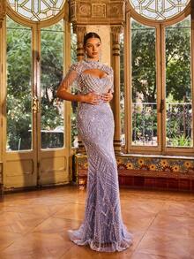 Women's Elegant Long Mermaid Dress, Stand Collar, Heart Cutout, Beaded Tassel Decor, Sequin & Pearl Embellished, Formal Gown For Evening Party, Wedding, Ceremony, Prom - Dusty Blue - View 5