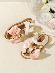1 Pair Children's Pink Bow Gold Buckle Decor Hook And Loop Sandals - Comfortable And Versatile, Ideal For Shopping, Daily Wear, Parties, And Summer Trips. Fashionable, Casual, And Comfortable Girls Sandals - Pink - View 2