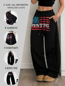 宽松阔腿慢跑裤，带字母口袋，男女通用直筒休闲运动裤，适合日常穿着，春/秋/冬季 - 耀夜黑 - 查看 3