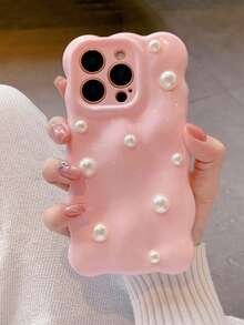 Premium Elegant 3D Crater Pink Soft Phone Case With Pearls, Compatible With Iphone 17 Pro Max/17 Pro/17 Air/17/16 Pro Max/16/16 Pro/16 Plus/15/15 Pro Max/15 Pro/15 Plus/13/14 Pro Max/13 Pro/13 Pro Max/14 Pro/14 Pro Max/14 Plus, Minimalist & Creative Design - Pink Crater + Pearl - View 5