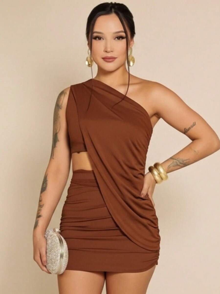 Ludmilla's Short Dress, Gringa Style, For New Year's Eve, Parties, Christmas, Sleeveless, Mesh, Asymmetrical, Evening Party, Wedding, Birthday Party, Street, Travel, Beach, Summer - 鏽棕色 - 查看 1