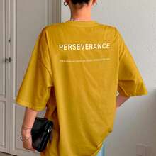 T-Shirt With "Perseverance" Print Lettering. Minimalist, Casual, Modern, Sophisticated, Simple, Basic, Summer, Oversized. - Mustard Yellow - View 14