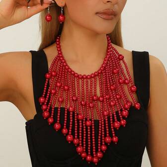 Exaggerated Multi-Layer Dandelion Handmade Beaded Faux Pearl Necklace, Earrings Set, Vintage Boho Style Casual Accessories