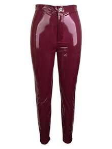 女士高腰金属拉链弹力面料紧身裤，PU皮革修身Y2K风格休闲夜店派对裤，春秋季 - 中紫紅色 - 查看 2