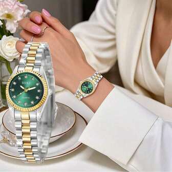 SOKI SOKI 1 Stück Damen Uhr Set, grünes rundes Strass Zifferblatt, Legierung Armband, lässige Luxus Quarz Armbanduhr, geeignet für den täglichen Gebrauch, Geburtstagsgeschenk, Party, Feierlichkeiten, ideales Geschenk für sich selbst oder Freunde. Ohne Geschenkbox.