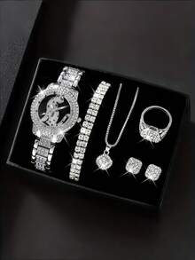 7pcs Elegant Quartz Watch & Jewelry Set, Including Round Ladies Watch, Crystal Necklace, Earrings, Ring, Bracelet (No Gift Box)
