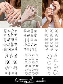 6片/2片装草本汁半永久魔法纹身贴纸，女士专用 - 迷你简约纹身，图案简洁优雅，包括心形、蝴蝶结和小动物。不染色，不反光。可贴于手指、手腕、肩膀、脖子、锁骨及身体其他部位。防水。不反光纹身贴纸。