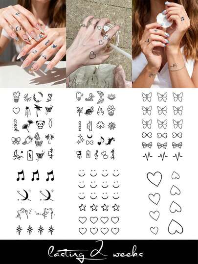 6片/2片装草本汁半永久魔法纹身贴纸，女士专用 - 迷你简约纹身，图案简洁优雅，包括心形、蝴蝶结和小动物。不染色，不反光。可贴于手指、手腕、肩膀、脖子、锁骨及身体其他部位。防水。不反光纹身贴纸。