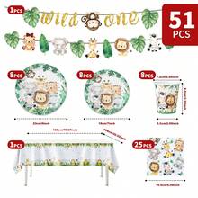 Tropical Jungle Animal Party Disposable Plates, Napkins, Cups, Tablecloth And Hanging Flags Set, Party Supplies Set For 8 Guests, Suitable For Birthday, Wedding, Theme Party, Family Picnic - Multicolor - View 2