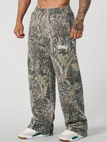 Sweatpants Wide Leg Straight Casual Pants Fitness Loose Printing Camouflage Running Pants Men - 棕色 - 查看 5