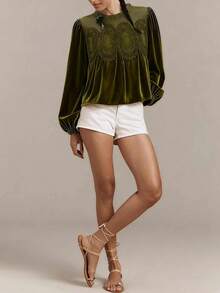 Velvet Trim Lace Blouse Women Long Sleeve Elegant Swing Top Flared Hem Round Neck Casual Blouse Tunic - xanh quân đội - Xem 4