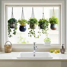 1pc Green Plant Hanging Basket Pattern Decoration Window Sticker, Potted Plant Static Adsorption Sticker, Hanging Green Plant Decoration Glass Sticker, Mobile Double-Sided PVC Reusable, Suitable For Home Glass Doors And Windows Decoration Sticker - Green - View 6