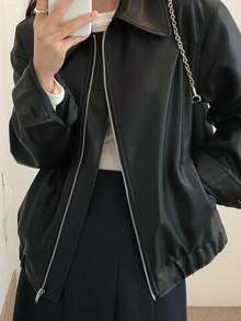 Chaqueta motera de manga larga estilo coreano holgada con diseño de cremallera en la solapa para mujer, confeccionada en piel sintética. - Negro - Ver 5