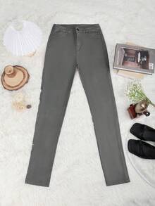 Apperloth Street Sexy PU Leather Grey Pants Slant Pockets Button Front Skinny Cropped Fleece-Lined Pants Daily Commuting Fall Winter Outfits For Women - Dark Grey - View 3