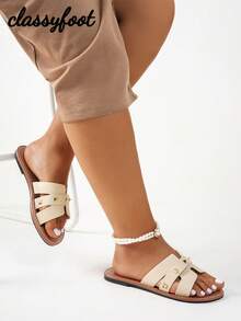 1 Pair Women's Fashion Rivets Snake Print Wide Fit Flat Sandals, Vacation Style, Summer Beige Slippers - Beige - View 6