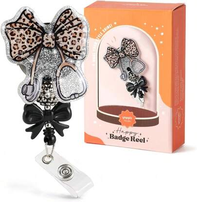 Leopard Bow Stethoscope Badge Reel, Coquette Bow Funny Sparkly Glitter Retractable Badge Reel For Nurses RN EN Doctor Paramedic Teachers Medical Office Womens