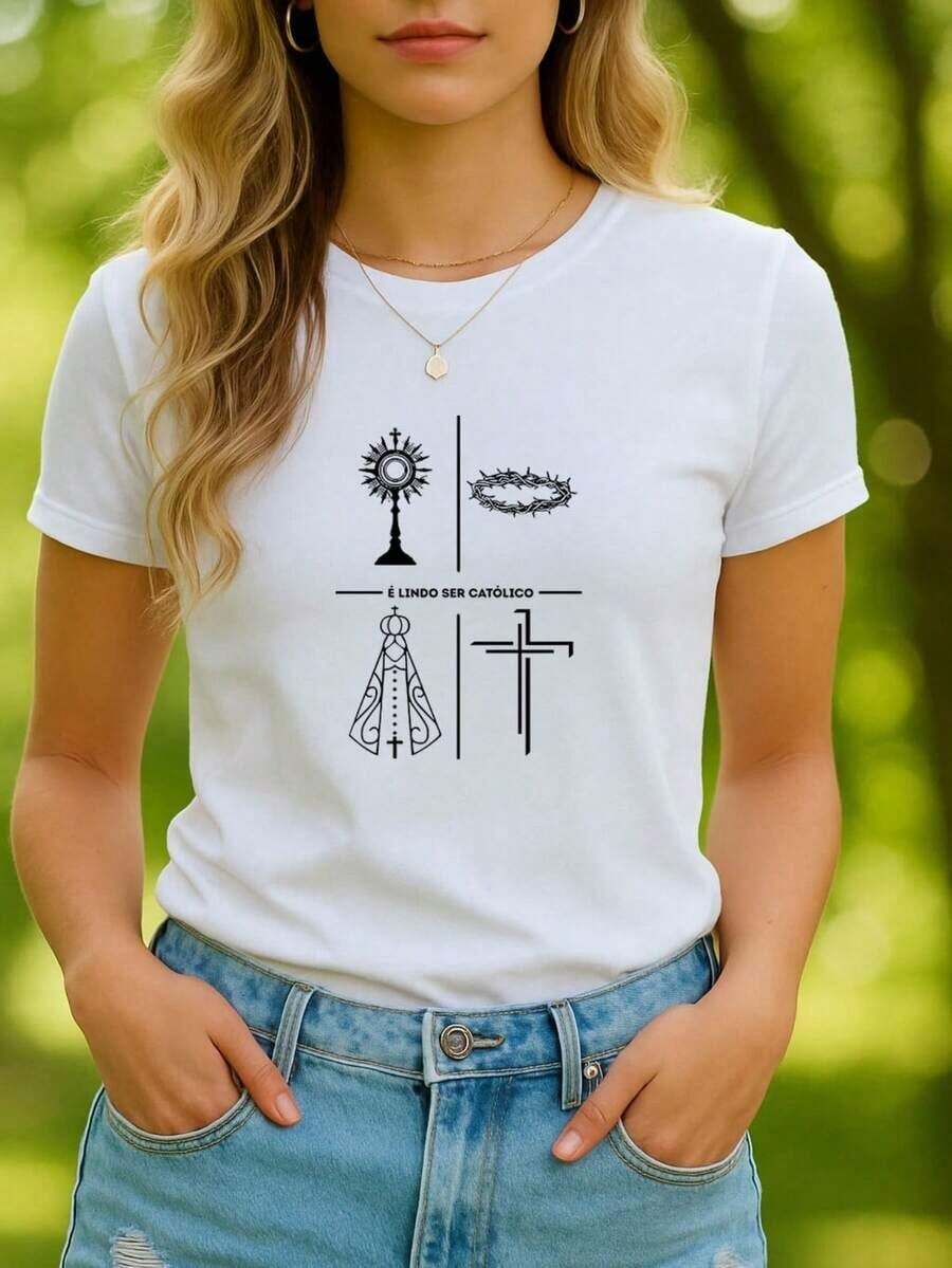 Women's Babylook T-Shirt With Religious Phrases And Images: It's Beautiful To Be Catholic, Christian, God, Our Lady Of Aparecida, Mary, Jesus, Cross, God, Faith. 100% Cotton. Various Colors. - 白色 - 查看 1